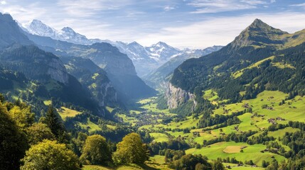 Fototapeta premium Breathtaking panoramic view of a lush green valley surrounded by majestic mountains under a clear sky