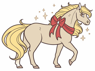 Stylized illustration of a horse with a golden mane and a festive bow on a white background, cheerful character design