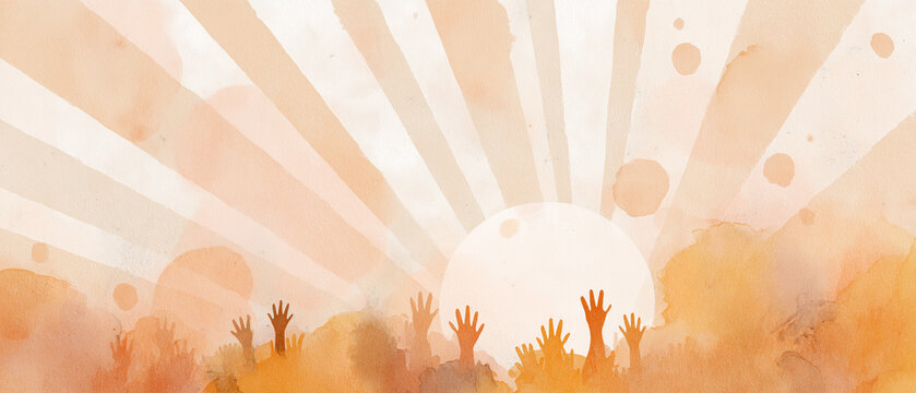 Ilustraci&oacute;n panor&aacute;mica de un evento religioso o de verano, perfecta como fondo de marketing publicitario; manos levantadas hacia la visi&oacute;n art&iacute;stica del sol y los rayos del sol; espacio de copia