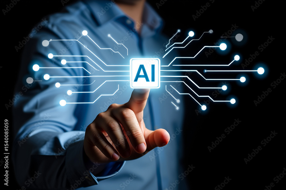 Poster man interacting with ai technology futuristic interface digital innovation