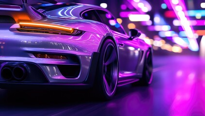 Sleek sports car in neon-lit city tunnel