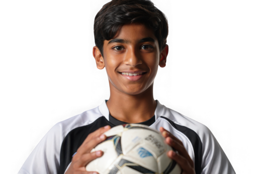 Youth Soccer Player Portrait, Confident Smile, Holding Soccer Ball, Studio Shot, Athletic Teenager, Sports Photography