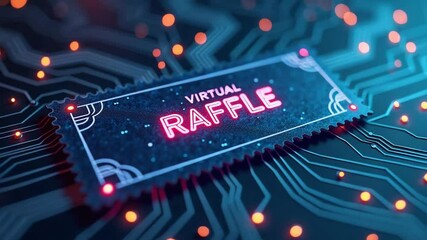Neon circuit board background featuring a digital raffle ticket in a futuristic, high-tech setting for a virtual prize event
