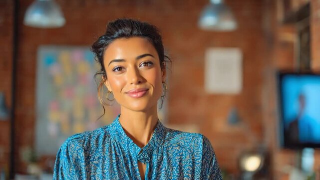 Confident Professional: A radiant professional woman exudes confidence, her poised smile and engaging gaze radiating a sense of empowerment.