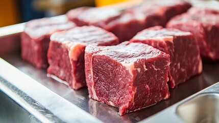 Obraz premium Fresh raw beef cuts on stainless steel table in industrial meat processing facility. Butchery, food production, meat industry and culinary ingredients concept.
