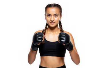 Confident Female MMA Fighter, Powerful Pose, Studio Portrait, Ready to Fight, Athletic Strength, Mixed Martial Arts