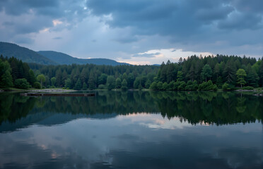 Fototapeta premium Mountain Forest Lake at Dusk