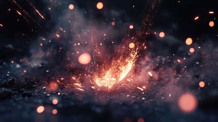 Obraz premium Intense fire explosion on dark ground with sparks and smoke.