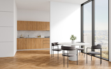 Scandinavian open-plan kitchen and dining area with city view – wall removed PNG
