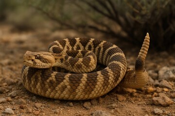 Fototapeta premium Coiled rattlesnake on rocky ground.