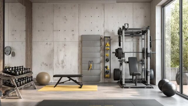 Modern Fitness Oasis: A contemporary home gym space is meticulously designed, showcasing a variety of exercise equipment against a backdrop of stylish concrete walls and ample natural light.