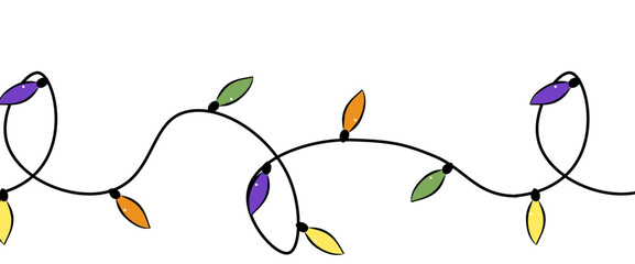 Bright garlands Seamless horizontal border. Vector graphic line ink illustration. Christmas lights for holiday illustrations. Festive Christmas gold garlands, dust, glitter and star.