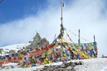 Sacred Buddhist Colorful Prayer Flags in Monasteries and Himalayas