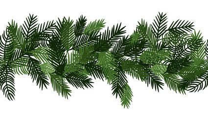 Christmas tree branches Seamless horizontal border. Vector graphic line ink illustration. Holiday garland isolated on transparent background. For logo, web, package, sticker.