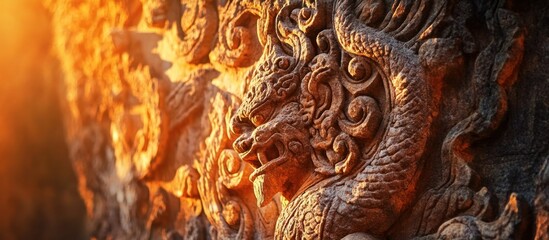 Intricate dragon carvings on a temple facade in warm sunlight.