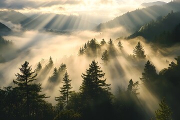 Fototapeta premium Morning mist over a mountain valley with sun rays streaming through trees