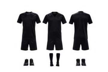 High-Quality Black Soccer Uniform Jersey, Shorts, Socks, and Boots; Perfect for Teams, Players, and Training.  Clean, Professional Design.