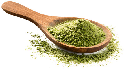 Powder green tea on a wooden spoon isolated on a white background