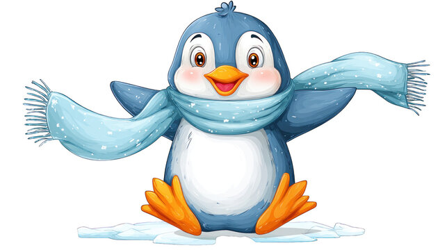 Happy cartoon penguin with open wings and scarf icy character isolated on transparent background 