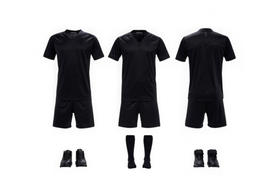 High-Quality Black Soccer Uniform Jersey, Shorts, Socks, and Boots; Perfect for Teams, Players, and Training.  Clean, Professional Design.