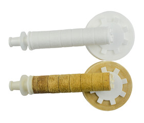 Side-by-side on a transparent background, a heavily soiled and worn water filter is shown beside a gleaming, new white filter