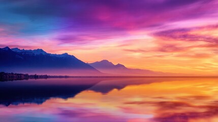 Serene sunset over tranquil lake reflecting vibrant colors and majestic mountains in background