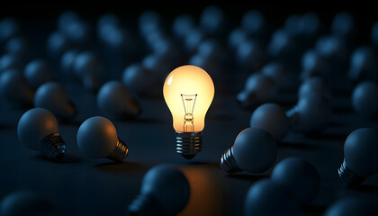 One of Lightbulb glowing among shutdown light bulb in dark area with copy space for creative thinking , problem solving solution and outstanding concept by 3d rendering technique