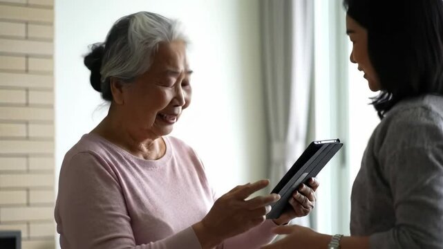 elderly asian woman using tablet, discussing with daughter. look of accomplishment. lifelong learning and adaptability. retirement hobby, leisure, senior activity - Powered by Adobe