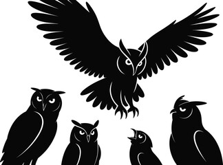 A collection of black owl silhouettes against a white background art