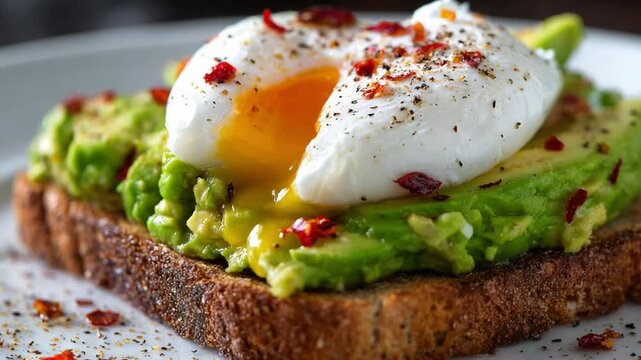 Close-up of avocado toast with poached egg and chili flakes