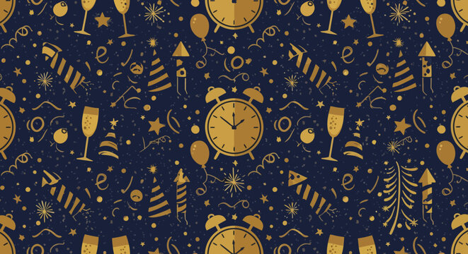 Festive New Year's Eve Pattern with Golden Clocks, Champagne, and Fireworks on Dark Blue