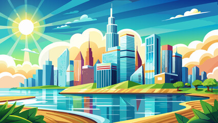 Bright and sunny view of downtown Chicago with the shimmering Michigan lake in the foreground. Very beautiful