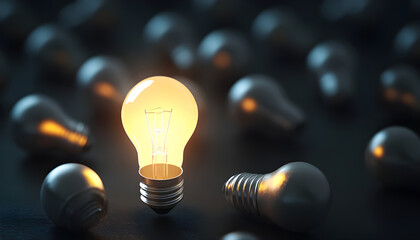 One of Lightbulb glowing among shutdown light bulb in dark area with copy space for creative thinking , problem solving solution and outstanding concept by 3d rendering technique