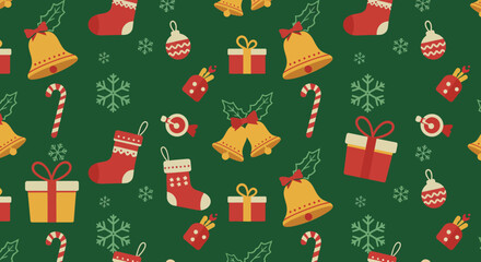 Naklejka premium Festive Christmas Pattern with Ornaments, Socks, and Gifts