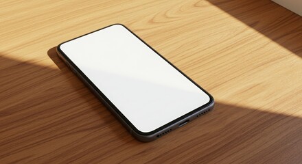 plain white cellphone mockup on a wooden motif table