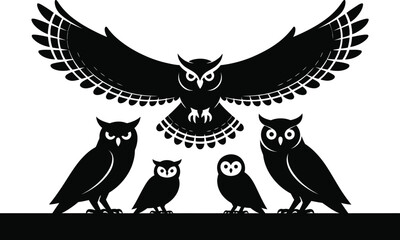 Silhouette illustration showing five owls with one in flight above