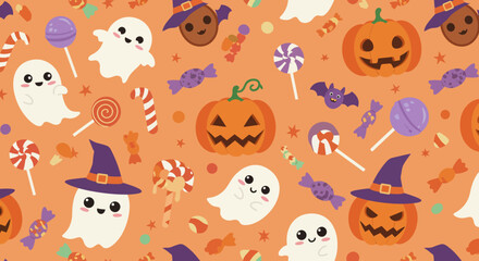 Cute Halloween Pattern with Ghosts, Pumpkins, and Candy