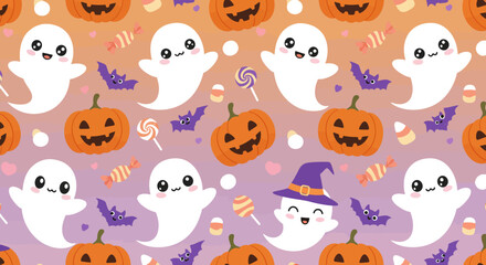 Adorable Halloween Pattern Featuring Smiling Ghosts, Pumpkins, Bats, and Candy on Gradient Background