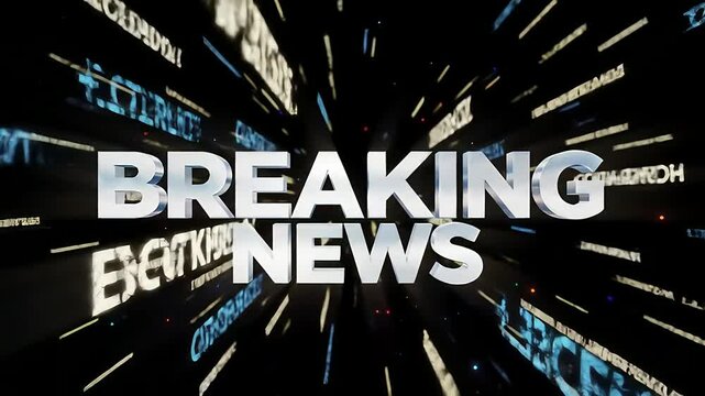Fast-paced news intro, text streams across screen with "Breaking News" prominently displayed, symbolizing urgency, information overload, and rapid news dissemination