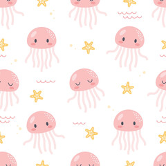 Fototapeta premium cute Jellyfish and starfish seamless pattern background on white for kids 