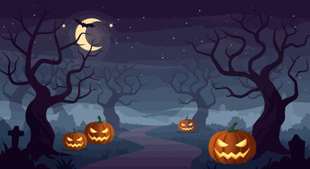 Halloween Night Scene with Jack-o'-lanterns and Bare Trees