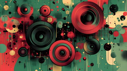 Obraz premium Colorful, grunge style audio equipment, high resolution image, abstract background, DJ inspiration