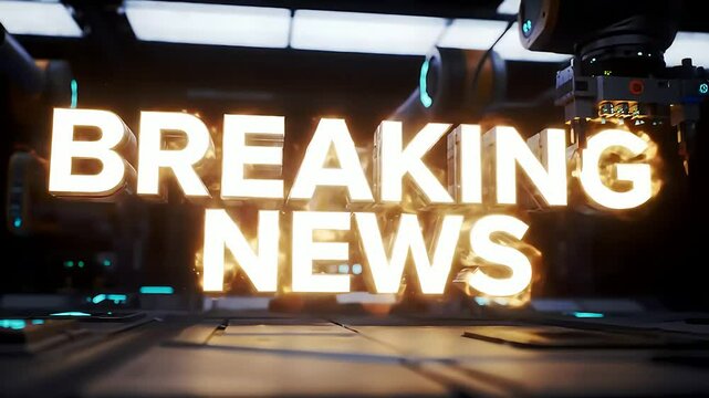 Futuristic robotic arm manipulates illuminated "Breaking News" text blocks, symbolizing automated news dissemination, technological advancement, and rapid information flow