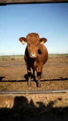 Young brown calf on a farm in summer. Brown calf eats green grass under blue sky. Danish brown cow...
