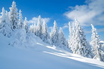 Snow-covered pine trees on mountain slope with blue sky