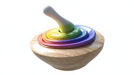 Colorful, wooden spinning top with rainbow layers and a white handle high resolution image