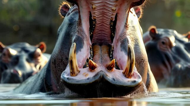 Hippopotamus close up portrait with open mouth in the river water