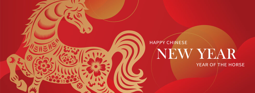 Happy Chinese new year banner with horse on red background. Vector illustration for banner, posters, flyers, greeting cards and invitation.