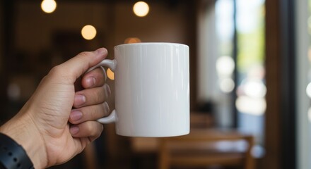 hand holding coffee cup coffee shop background mockup