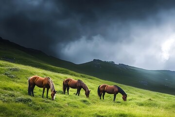 Wild horses grazing on a grassy hill with a stormy sky backdrop